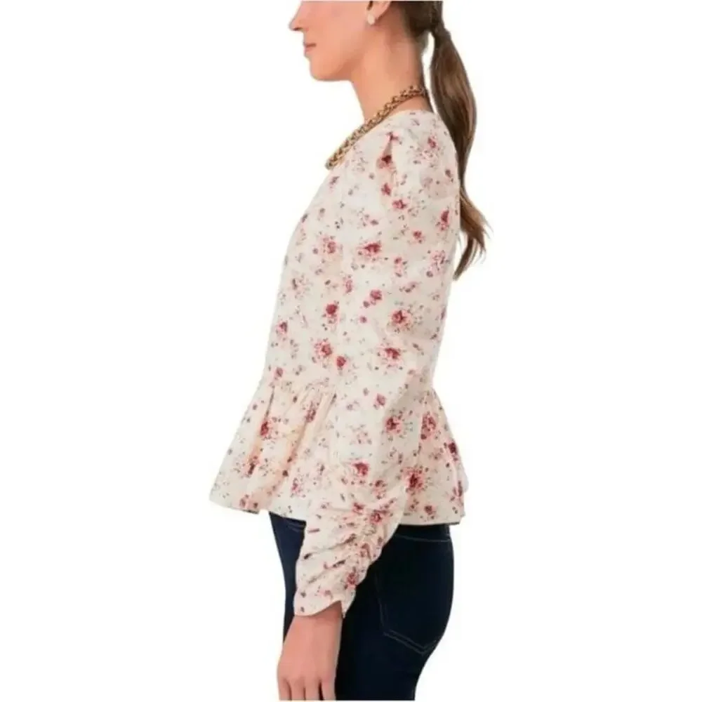 Tuckernuck Hyacinth House Ava Floral Peplum Blouse Medium Preppy Puff Sleeve Top